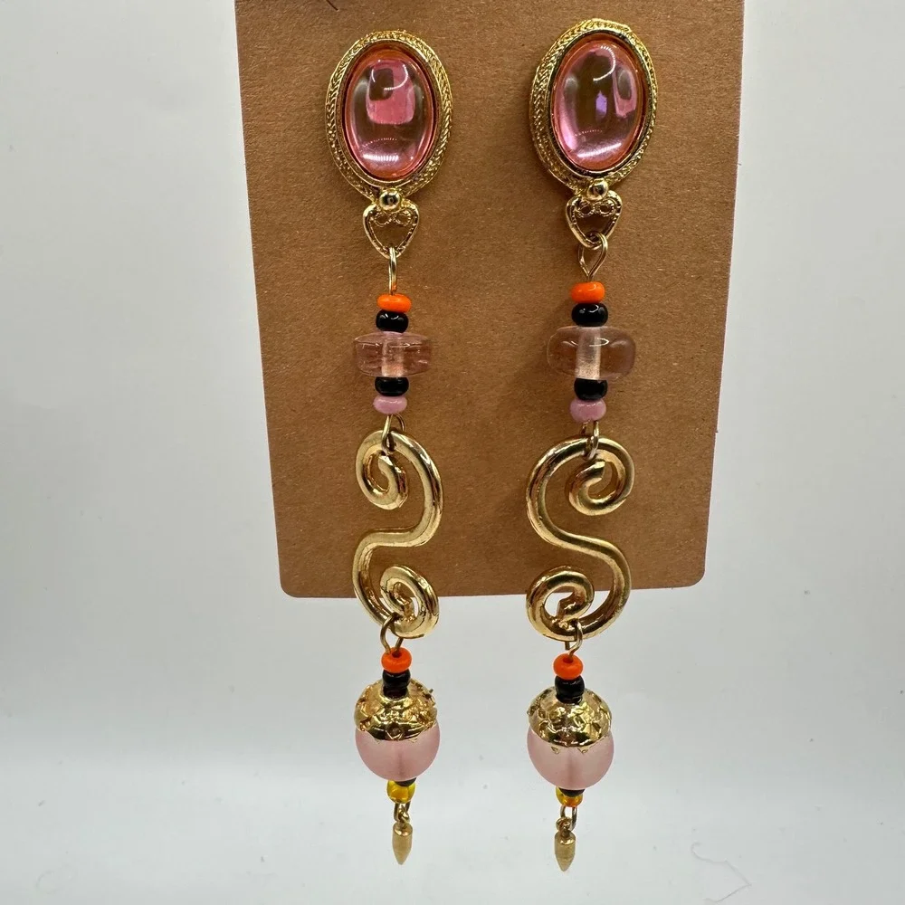 Vtg Pink Gold Tone Scroll Bead Long Drop Dangle Earrings Fairy Coquette Pink